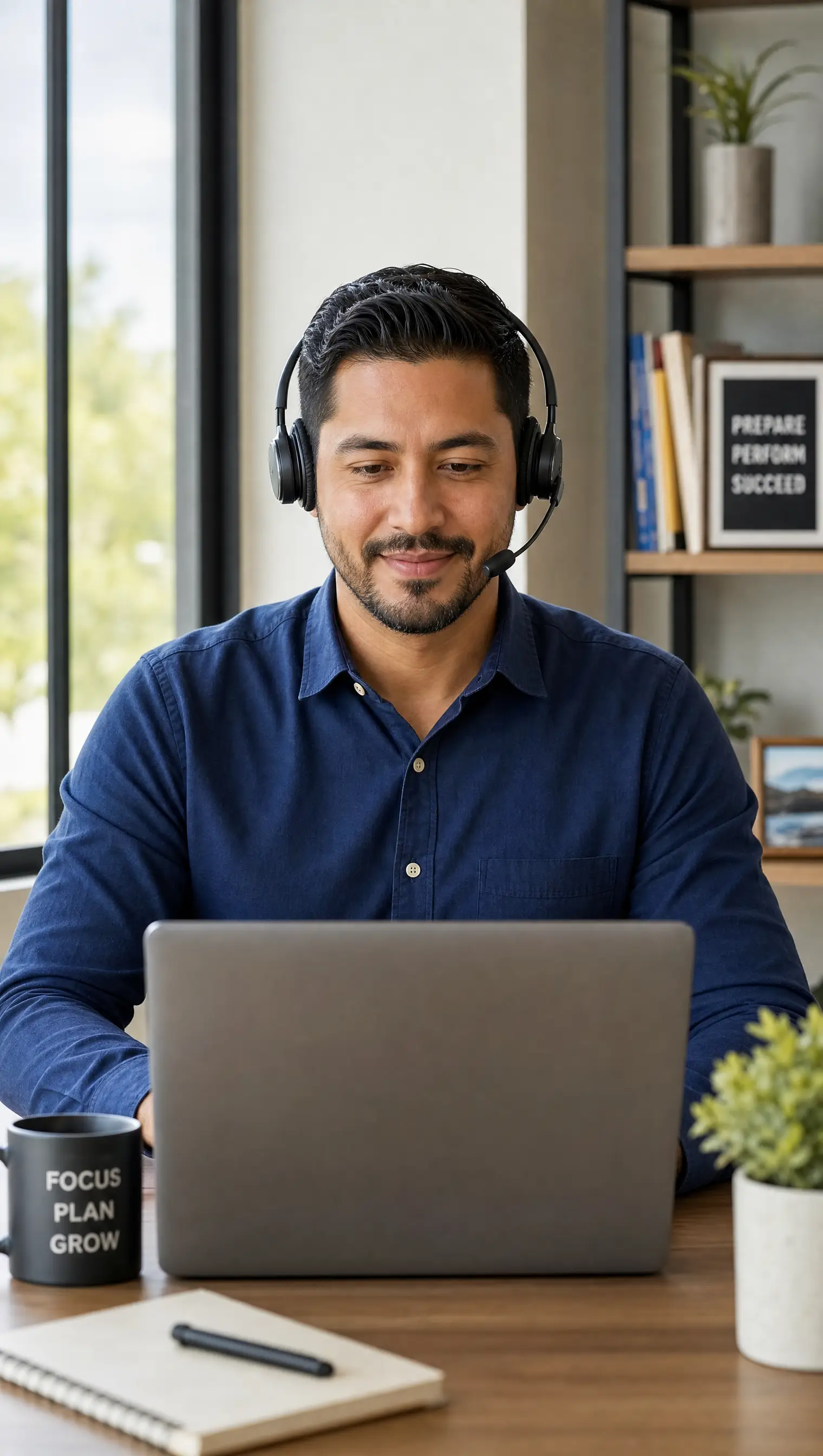 Headset on, laptop open, bright modern office