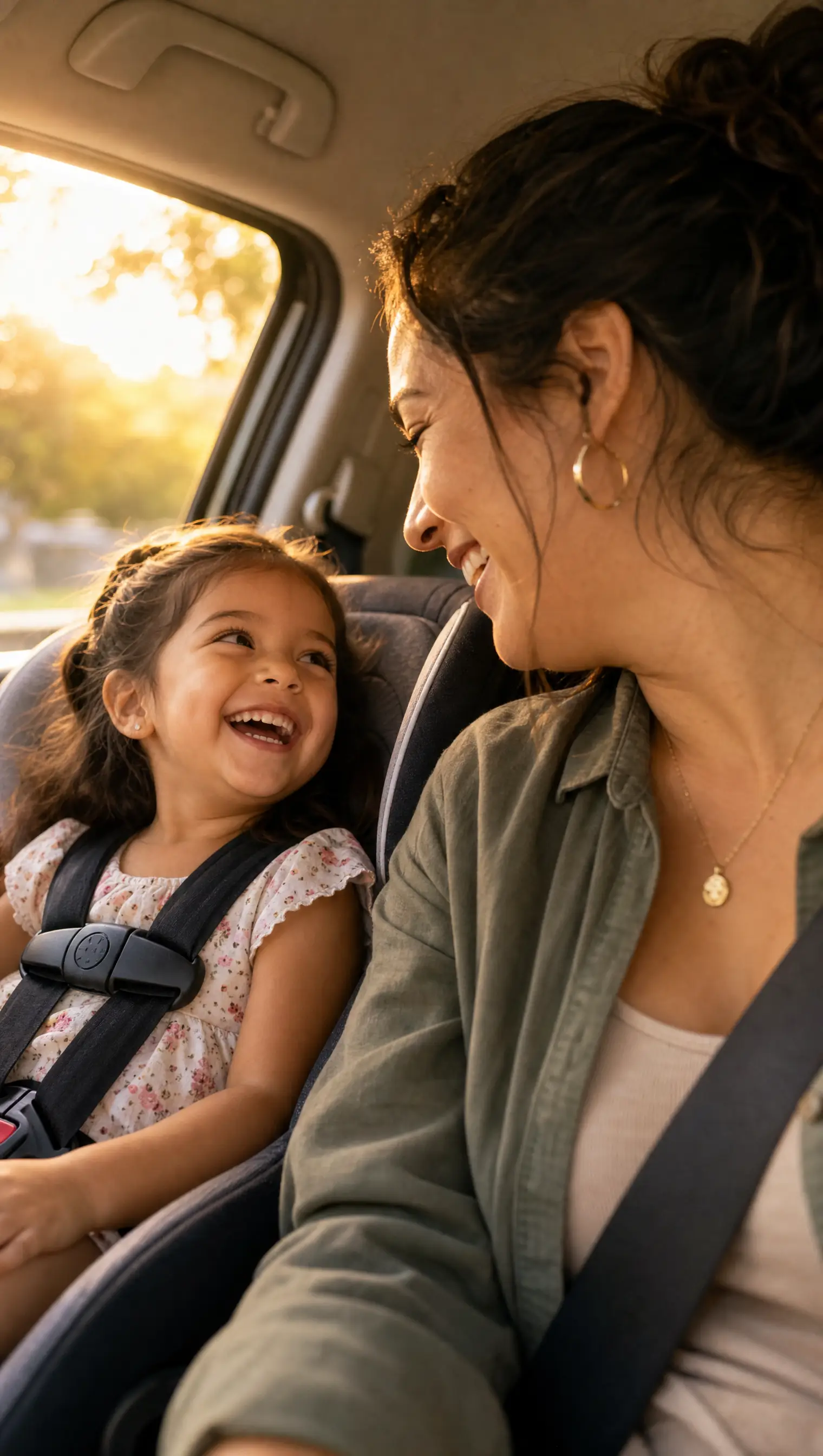 A mom and daughter laughing in a sun-filled car