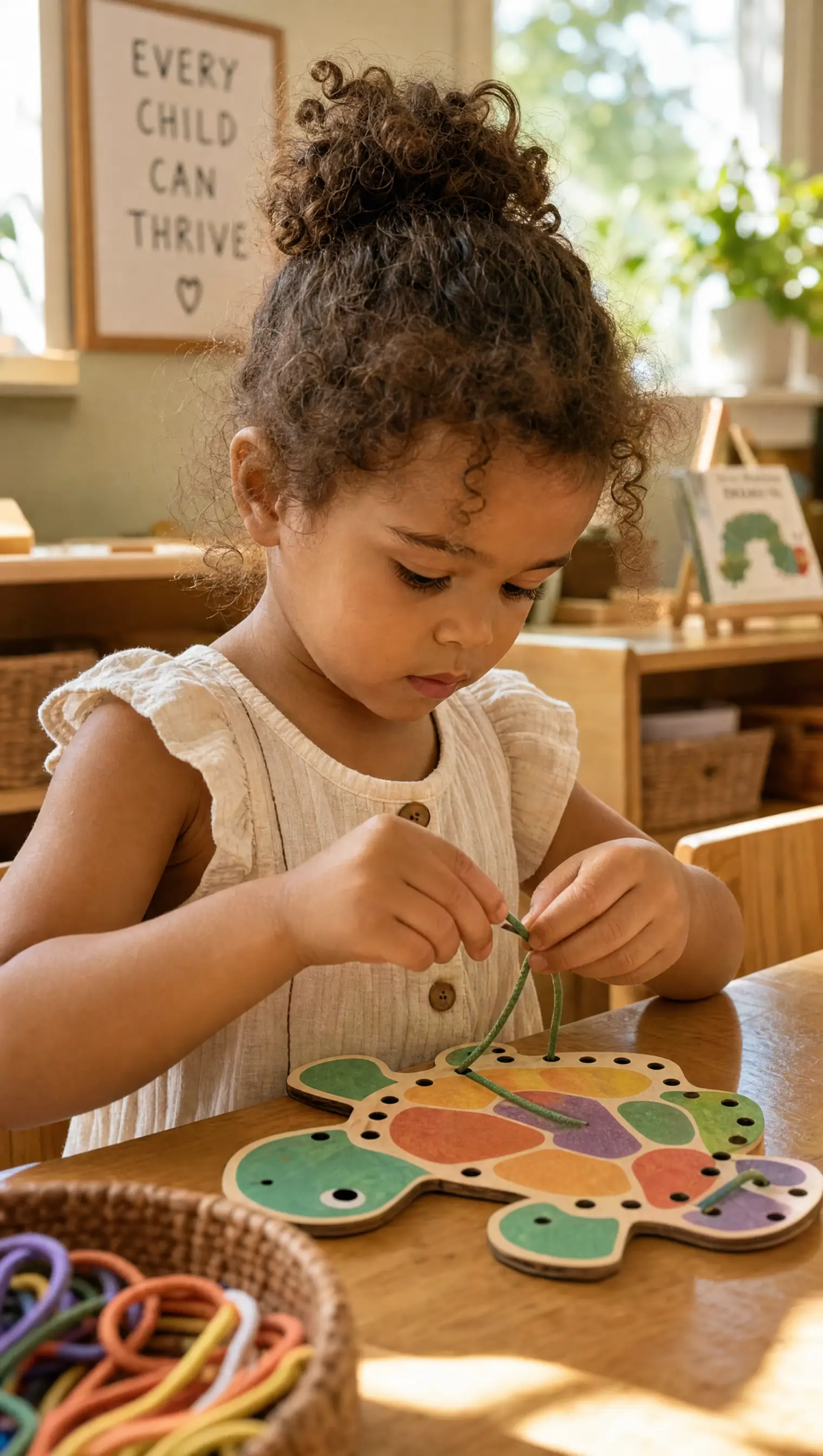 Lacing a card at a low wooden table in a sunlit classroom