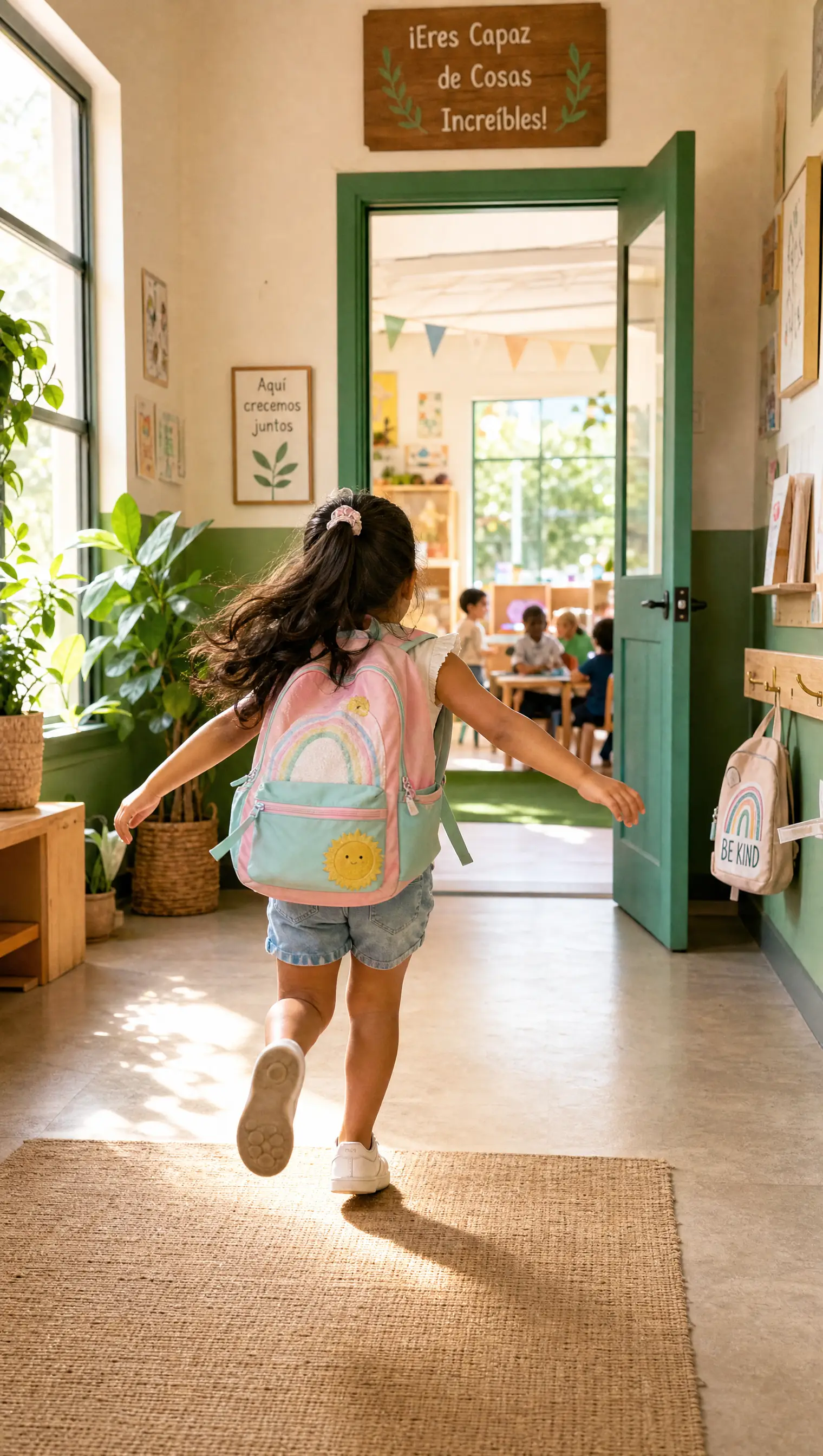 A preschooler runs joyfully toward an open classroom door