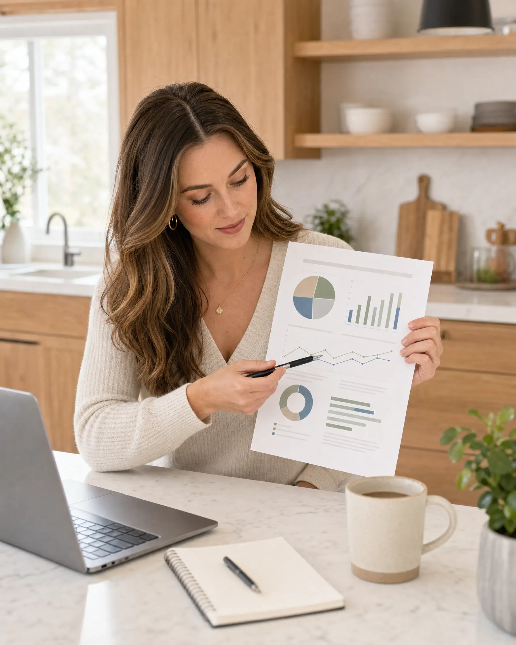Reviewing a document at a bright kitchen island