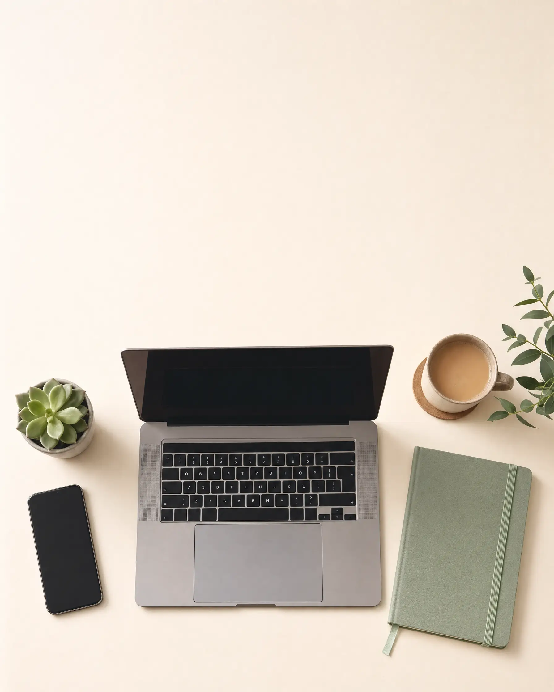 Flat-lay of a tidy modern desk in cream and sage