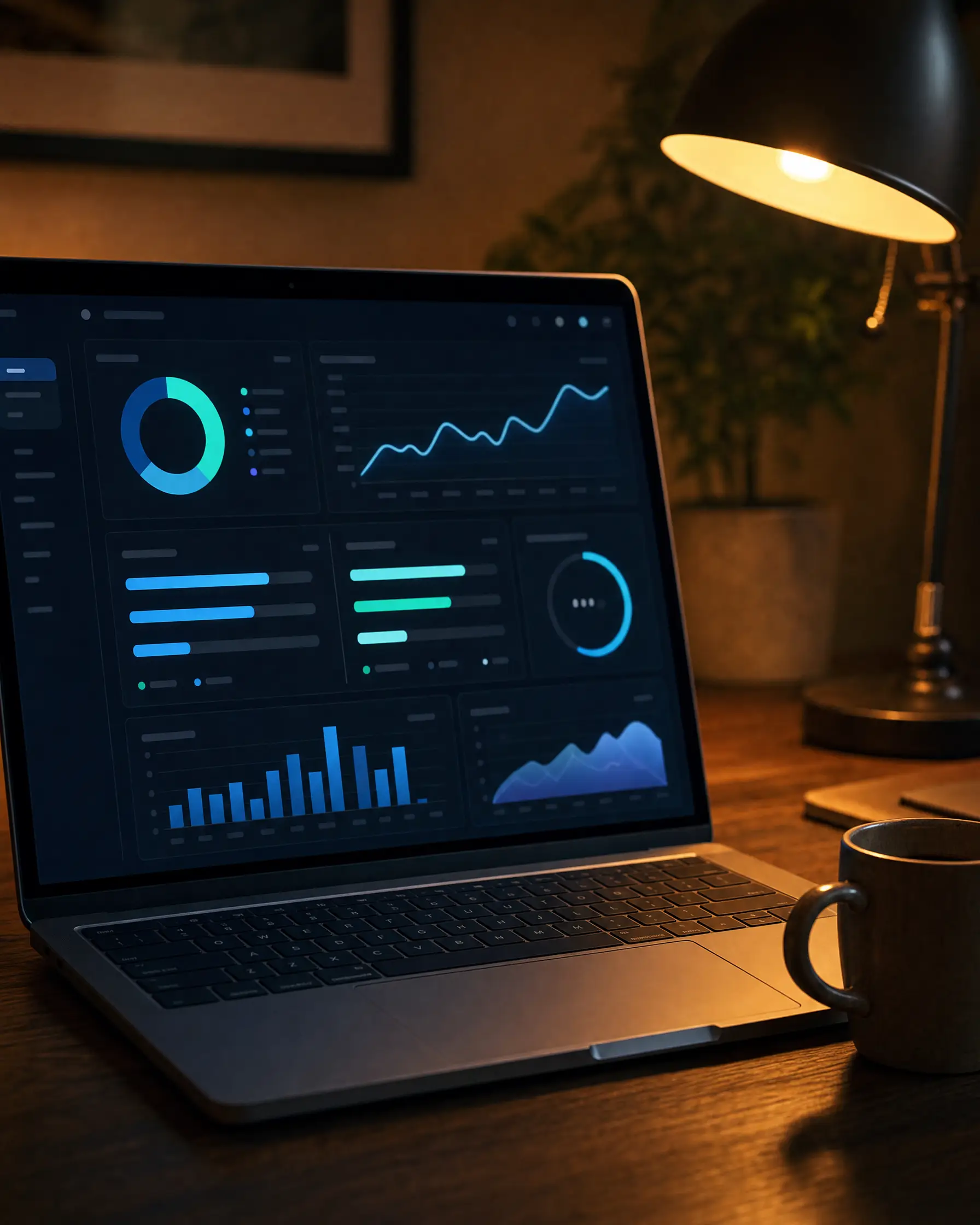 A laptop dashboard glowing under an amber desk lamp, dark wood desk